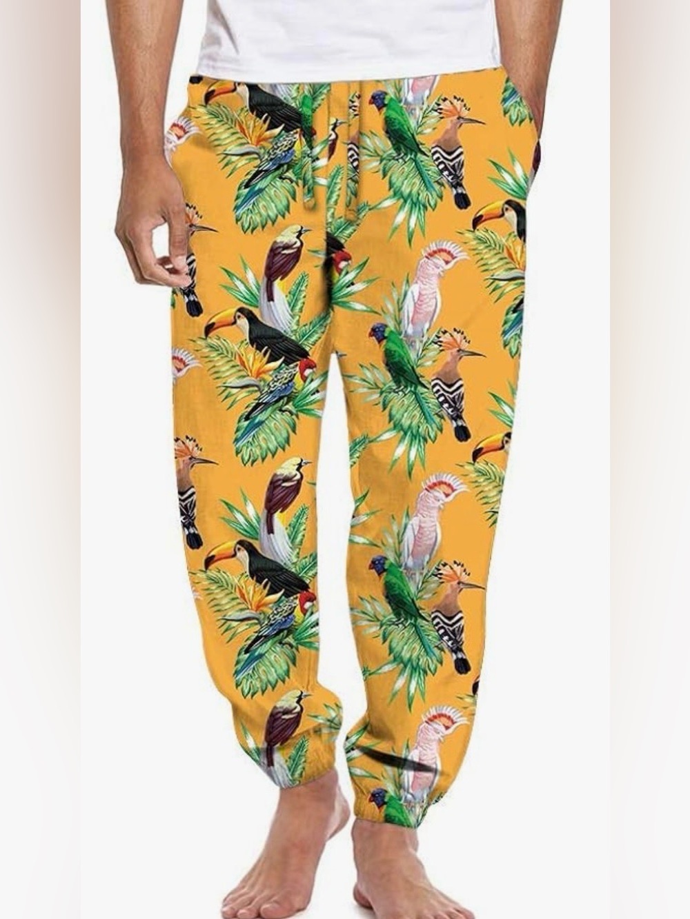 MAD Engine Men’s Small Tropical Birds of Paradise Gold Yellow Satin Lounge Pants